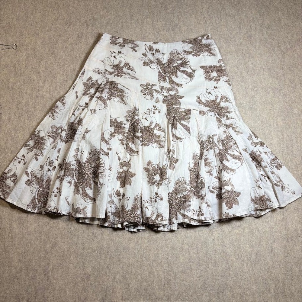 ANA Skirt Womens 10 White Brown Cotton Floral Pleated Boho Coastal Midi A-Line